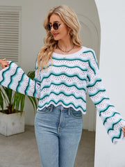 Reba Knit Striped Scalloped Hem Top - Turquoise