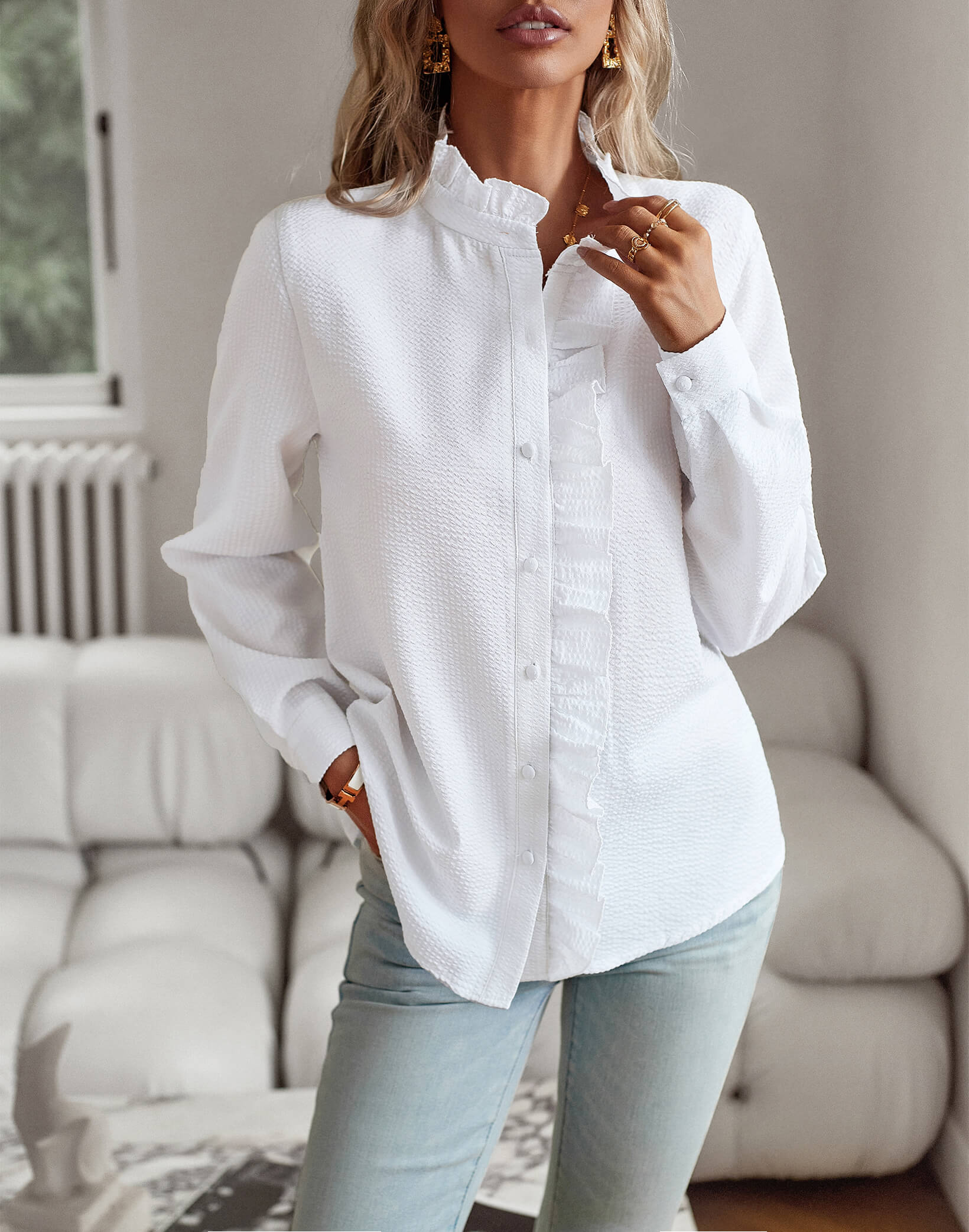 Brixey Stripe Ruffle Button Down Top - White