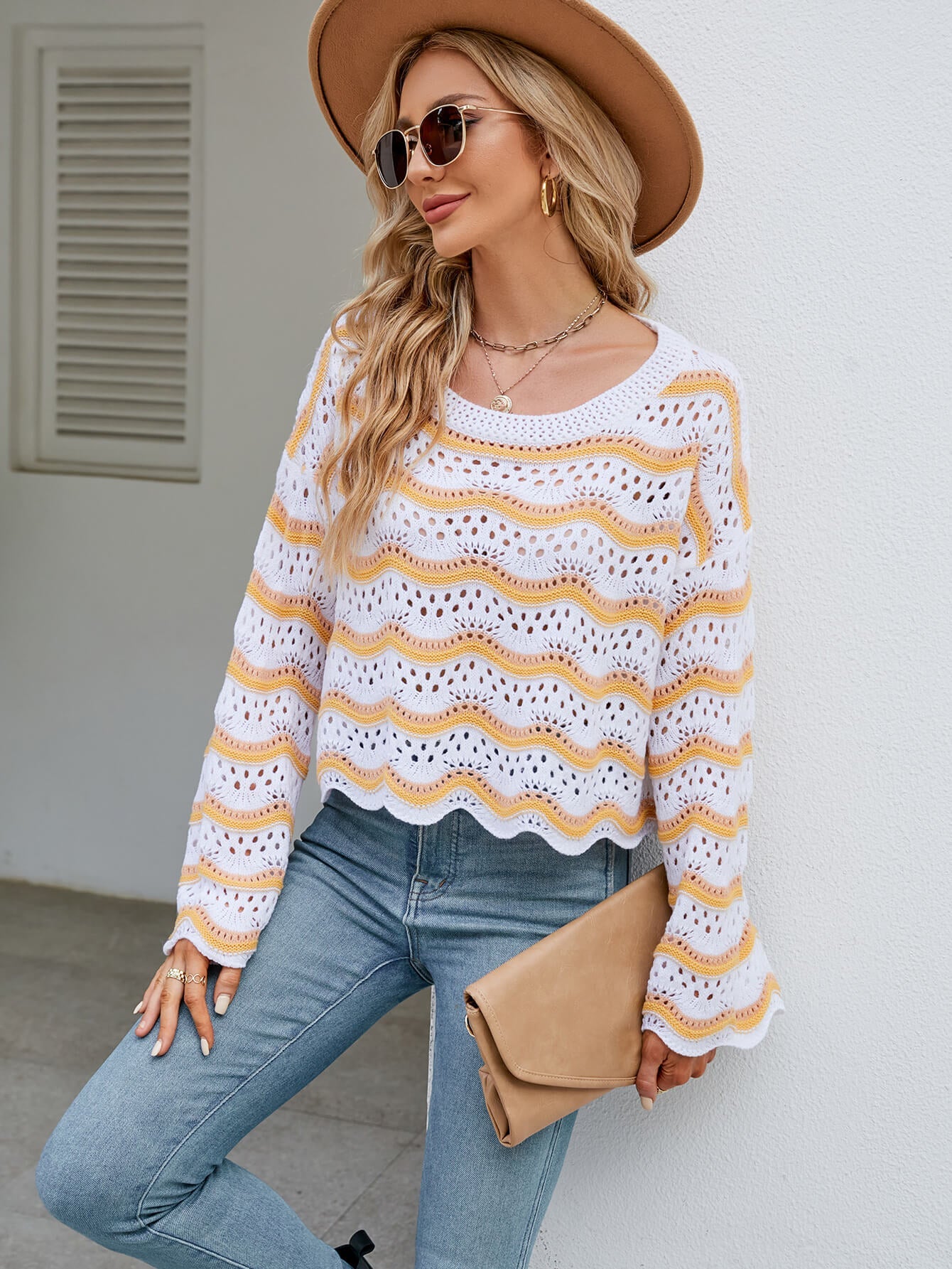 Reba Knit Striped Scalloped Hem Top - Yellow
