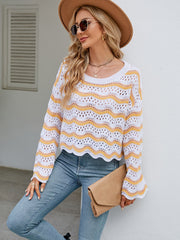 Reba Knit Striped Scalloped Hem Top - Yellow