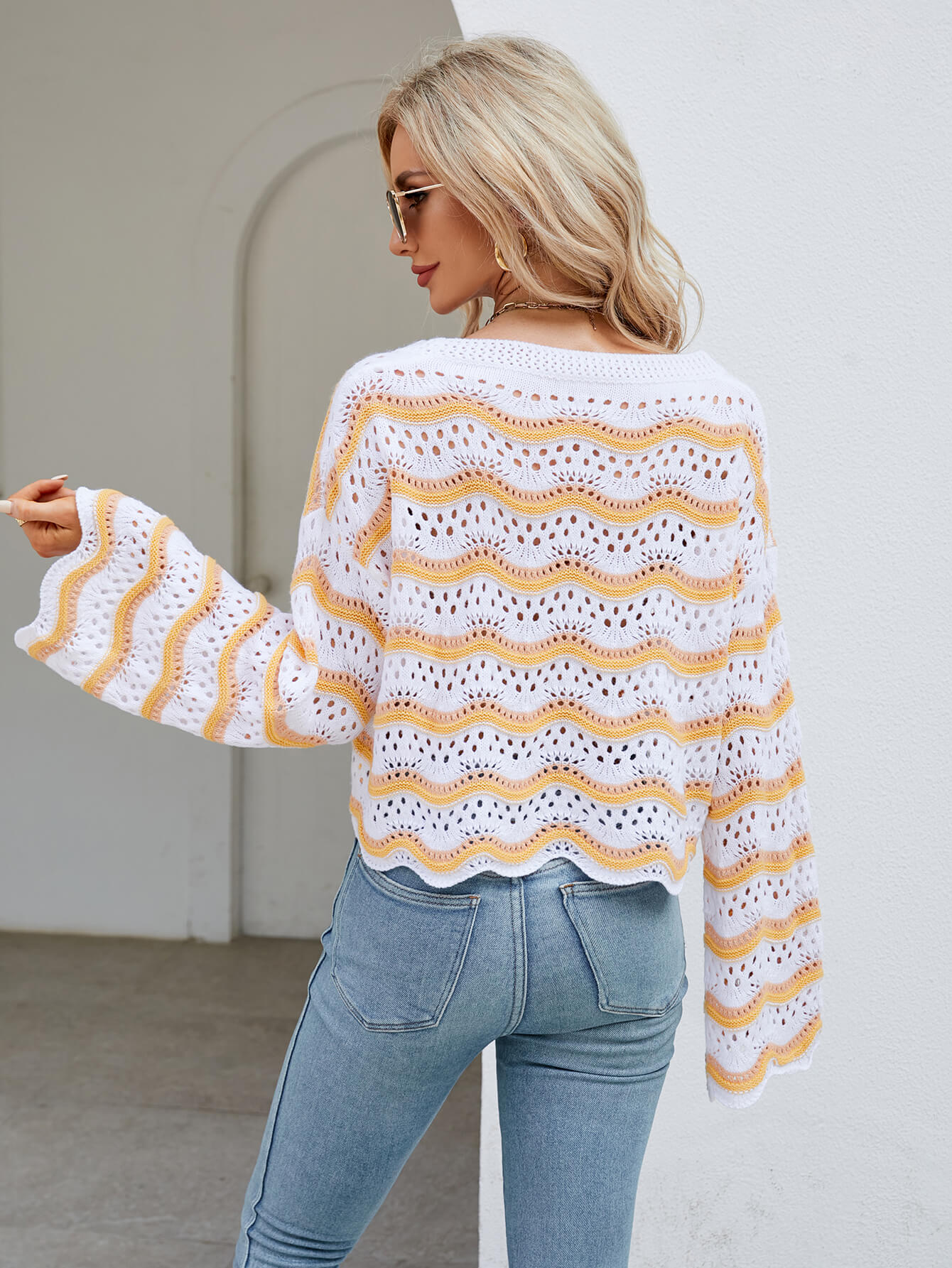 Reba Knit Striped Scalloped Hem Top - Yellow