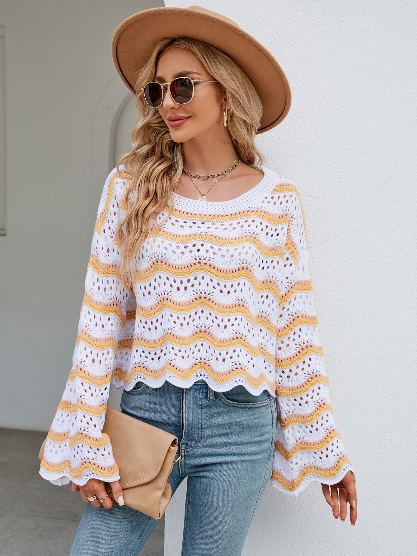 Reba Knit Striped Scalloped Hem Top - Yellow