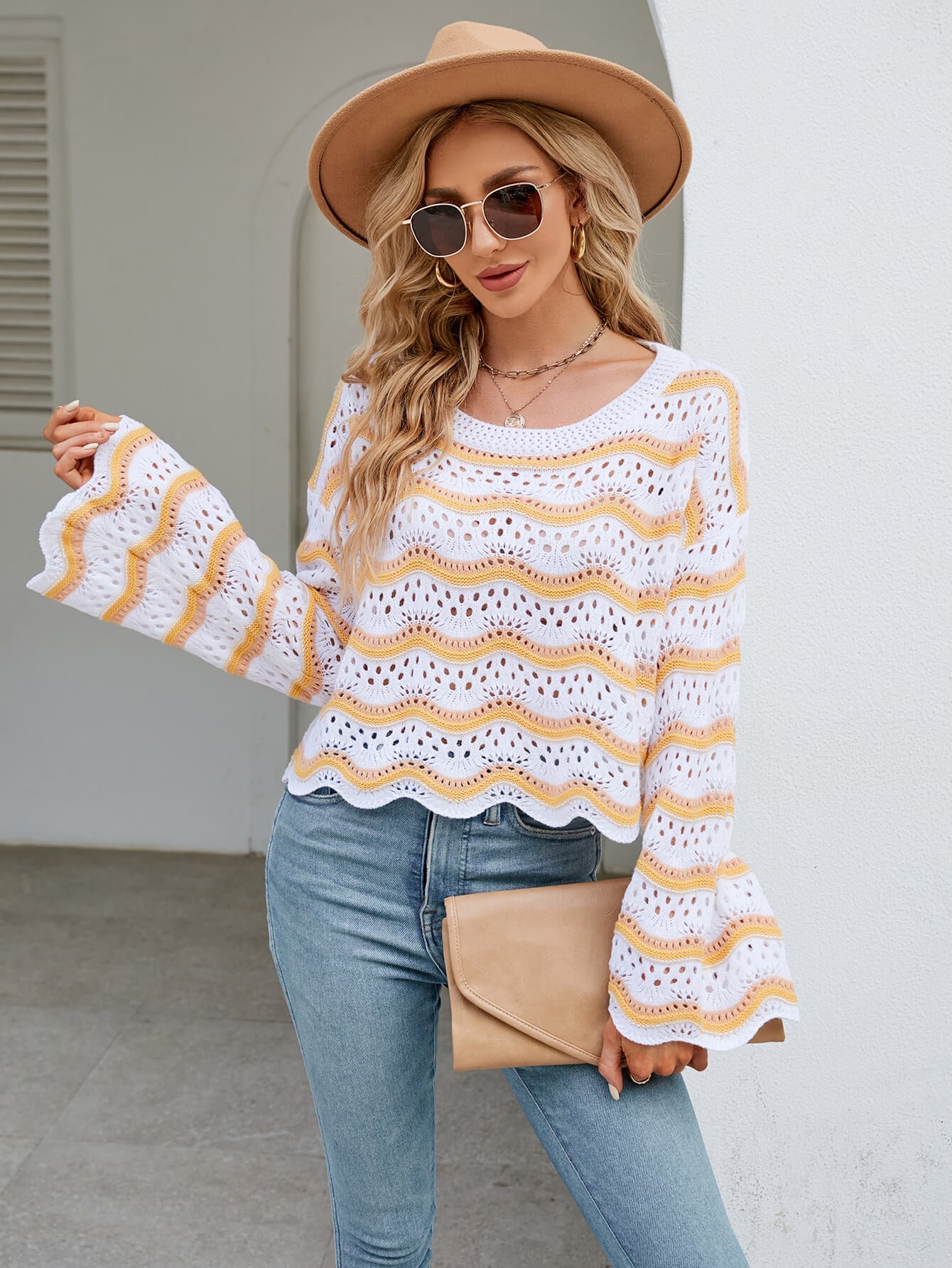 Reba Knit Striped Scalloped Hem Top - Yellow